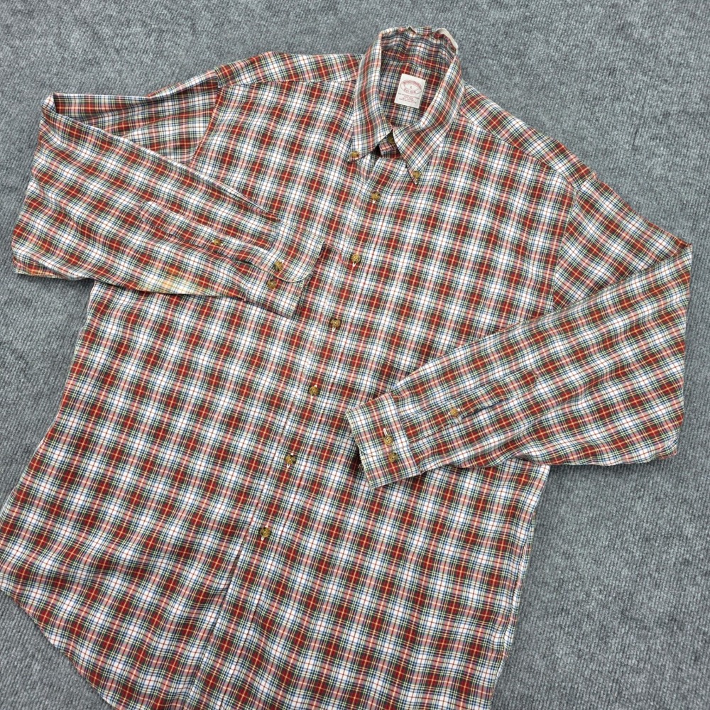Brooks Brothers Mens Large Distressed Plaid Non-Iron Button Down Shirt Red Green